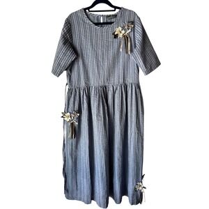 Roberta Gandolfi Blue Striped Floral Applique Midi Dress Short Sleeve back Tie